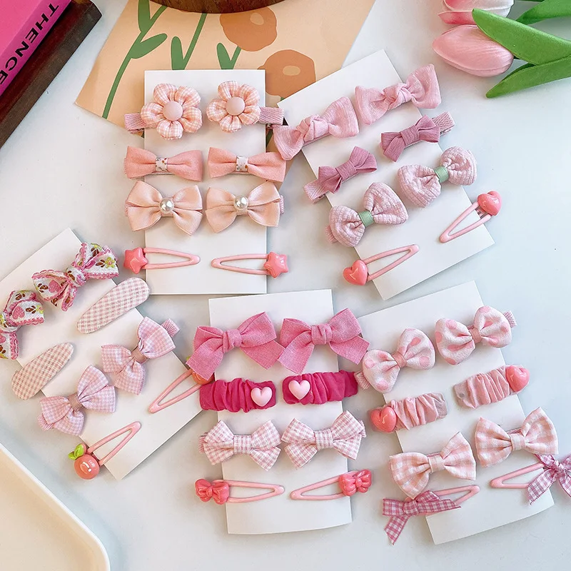 8PC New Cute Pink Color Basic Snap Clips Baby Plaid Bowknot Hair Drop Clips Lace Hairpins Kid Girls Flower Hairpins BB Barrettes