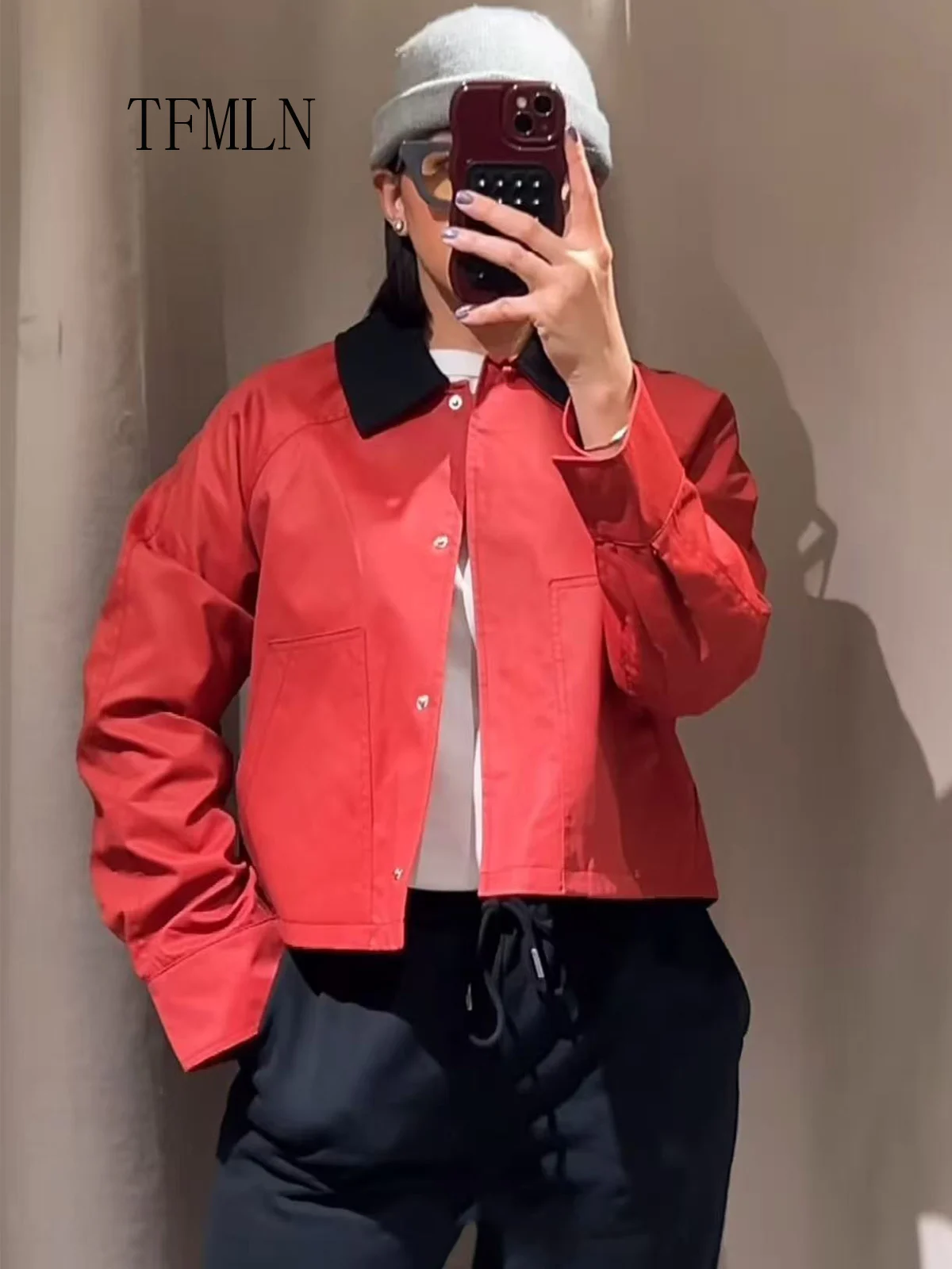 

TFMLN 2025 Spring Women New Style Loose Jacket Fashionable Patchwork Design Long-sleeved Red Top for Women Casual Fashion