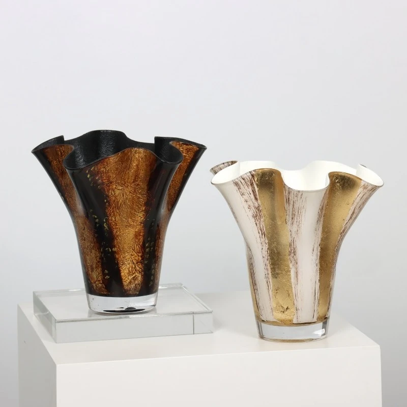 Golden textured pleated large-diameter vase Handmade glass flower vessel ornament