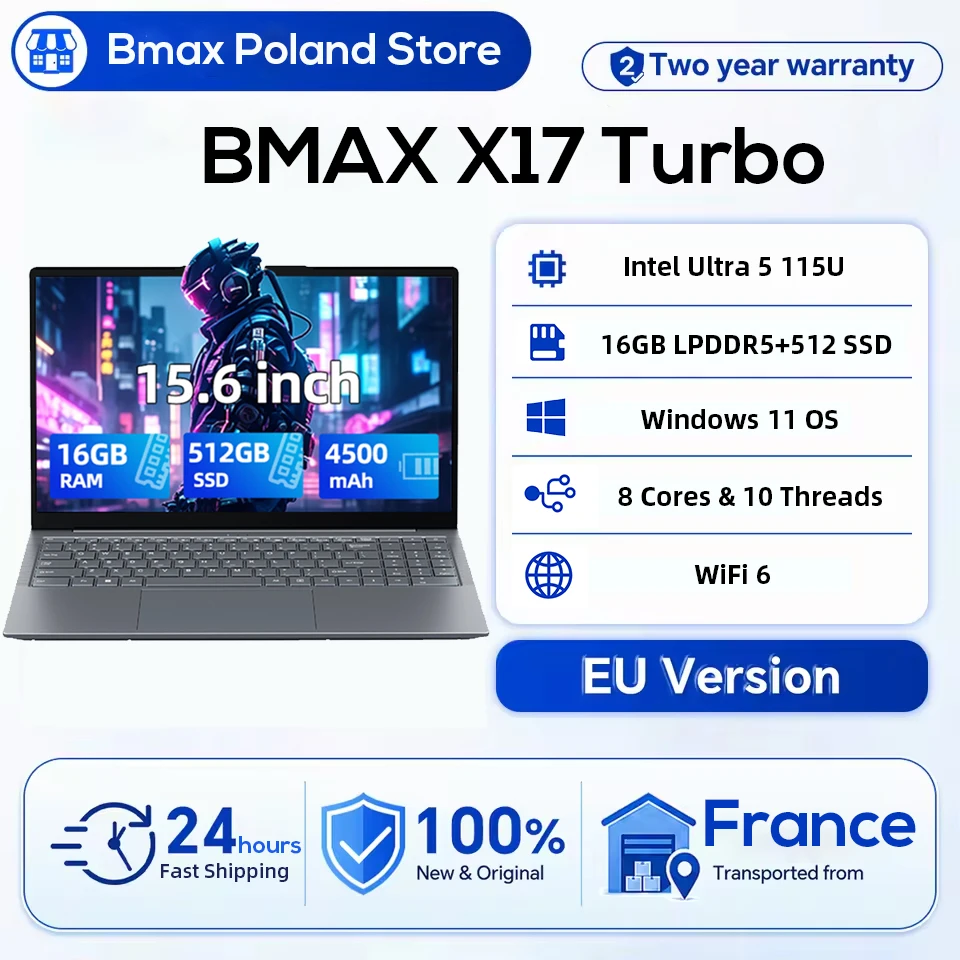 Portátil Bmax X17 Turbo de 15.6 Pulgadas, 16Gb de RAM, 512Gb SSD, Procesador Intel Ultra 5 115U, Windows 11 Pro, 1920*1080, HDMI, Wifi, USB, PC Portátil