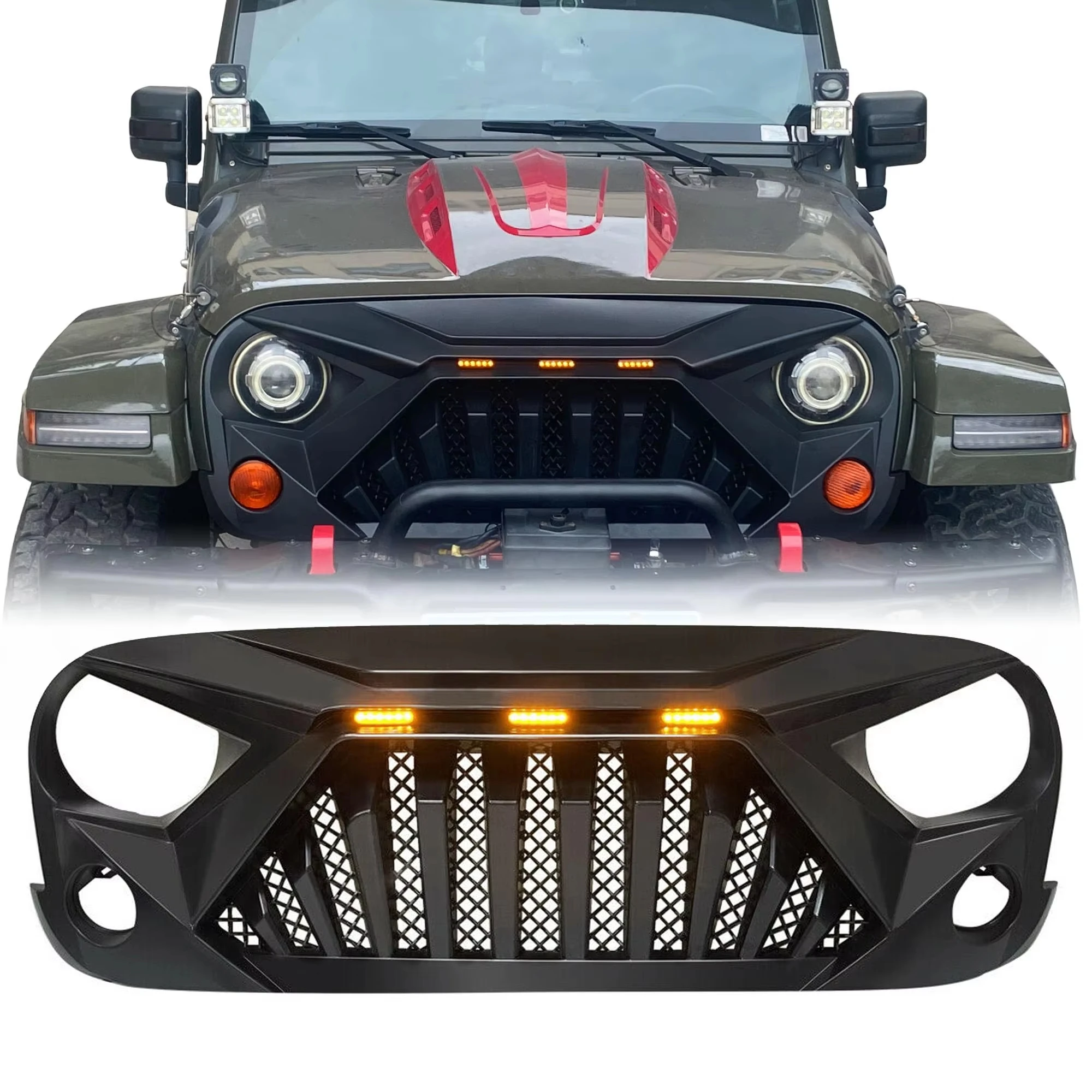 

Front Grill Fit for 07-17 Jeep Wrangler JK JKU Grille Replacement Accessories LED Daytime Running Lights Design Wiring Harness