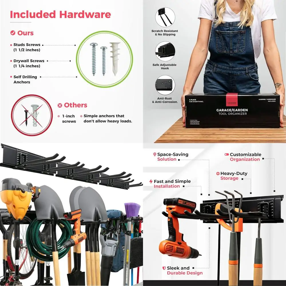 

Настенный органайзер для инструментов в гараже, 48 дюймов, с регулируемыми крючками и грузоподъемностью до 300 фунтов