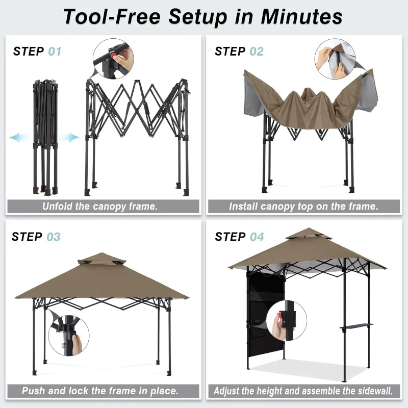 Pop-up BBQ Gazebo Outdoor BBQ Canopy with Shelves and Sidewall Portable Shelter with 2 LED Light Tote Bag