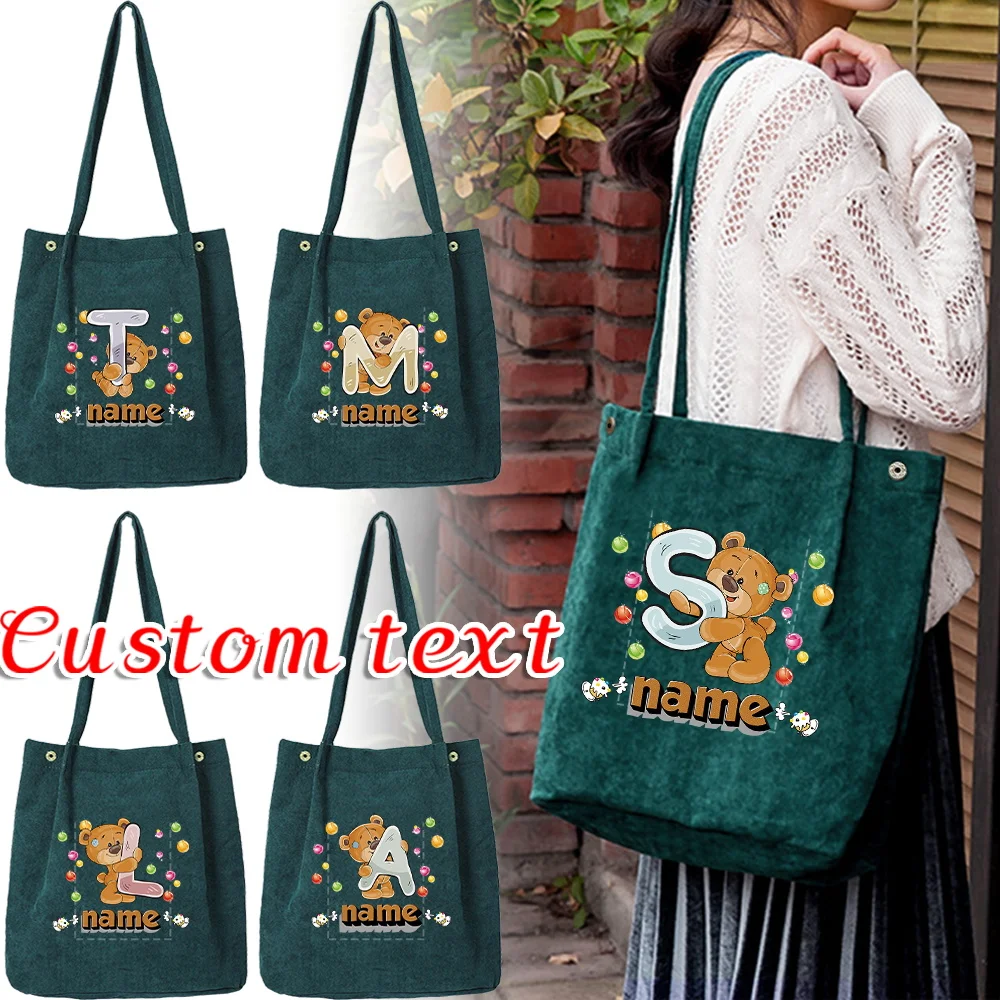 

Personalized Customized New Women's Corduroy Green Shopping Bag Canvas Shoulder Bag Storage Handbag Fashion Letter Series