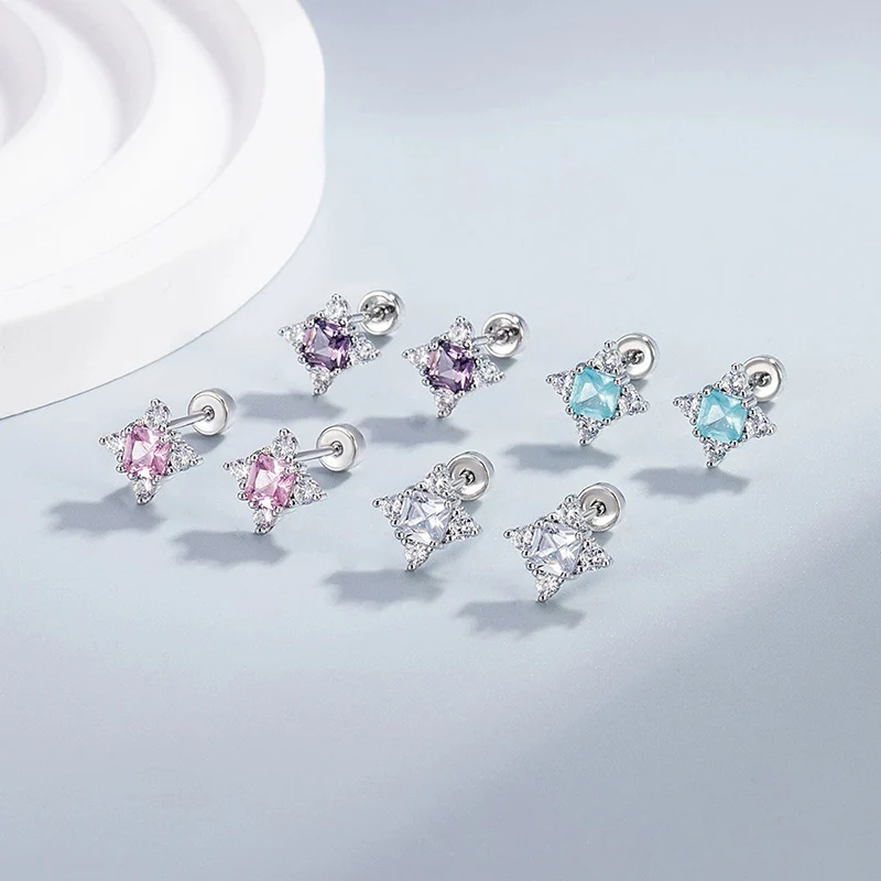 Flashy four-pointed Star Flat-Bottomed Screw Ear Studs Exquisite and Fashionable Niche Design Square Zircon Earings KOFSAC