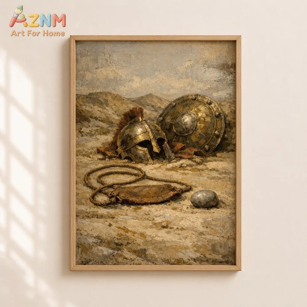David and Goliath Battle Relics Wall Art | Biblical Armor & Sling Painting | Christian Scripture Art Print | Old Testament Decor