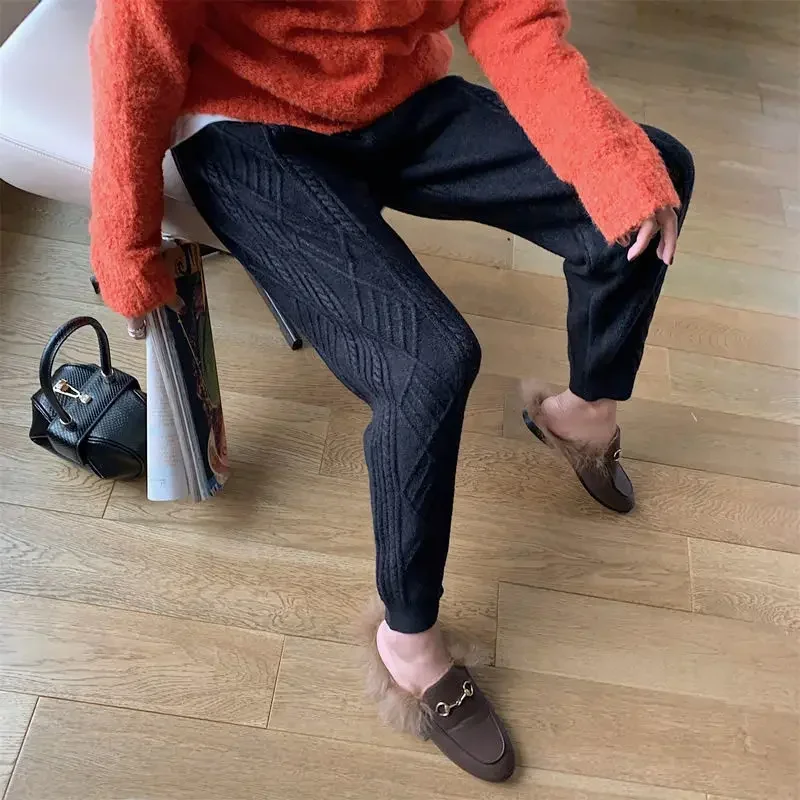 Knitted Pants Autumn and Winter Korean Versatile Thickened Elastic Waist Slim Fried Dough Twists Pants Leggings Pants Women