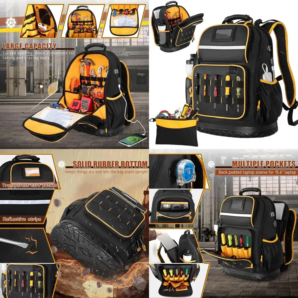 

Durable Black Tool Backpack with Sturdy Base and Pocketed Pouch, Including Laptop Compartment