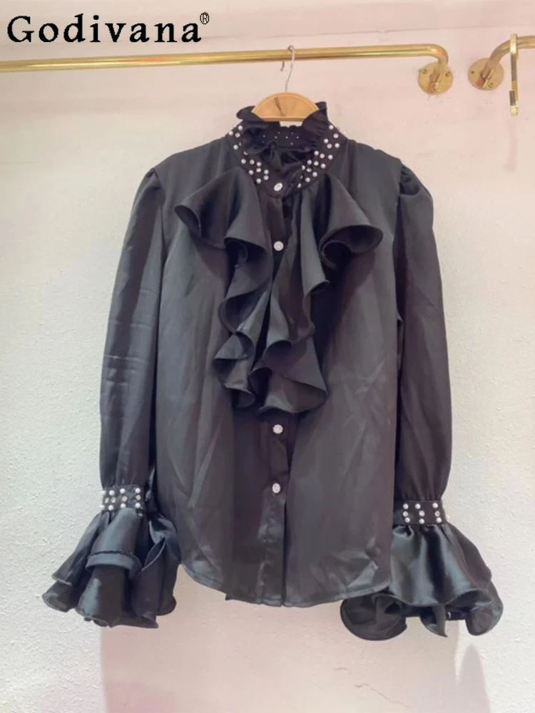 

Элегантная французская рубашка в стиле Лолиты с милыми оборками и темпераментом для девочек, весенне-осенний свободный универсальный топ с воротником-стойкой и длинными рукавами