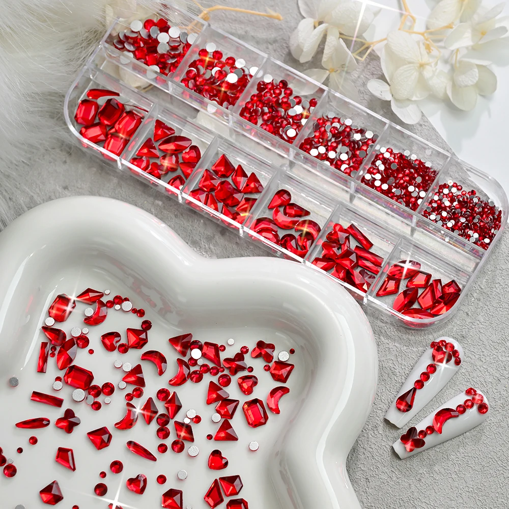 12grid Sexy Red Crystal Nail Art Rhinestones 3D Sparkly Flatback Glass Diamond&Mixed Size Round Gems Nail Jewelry Nail Diamonds