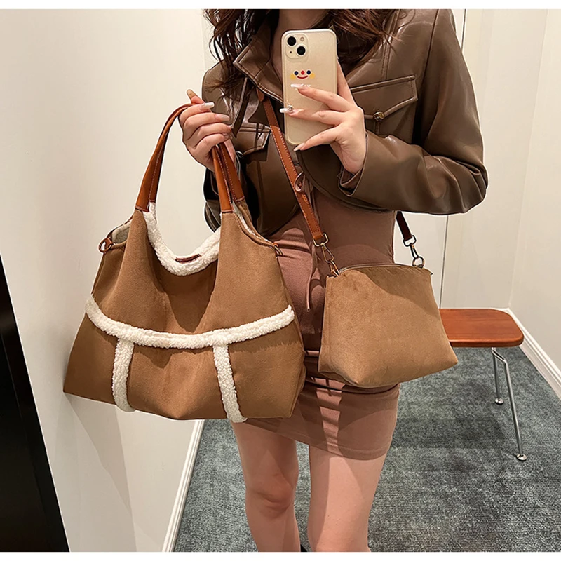 Fashion Trend Lamb Wool Patchwork Handbag For Women Autumn Winter New Large Capacity Versatile Suede One Shoulder Crossbody Bags