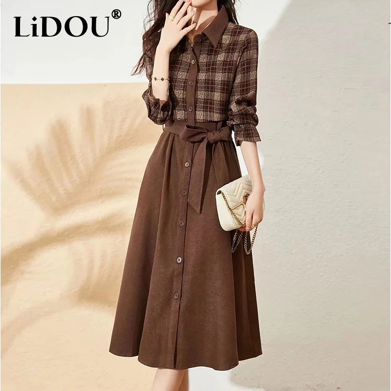 Spring Autumn Elegant Fashion Vintage Plaid Patchwork Print Waist A-line Dresses Ladies Long Sleeve Belt Temperament Midi Dress