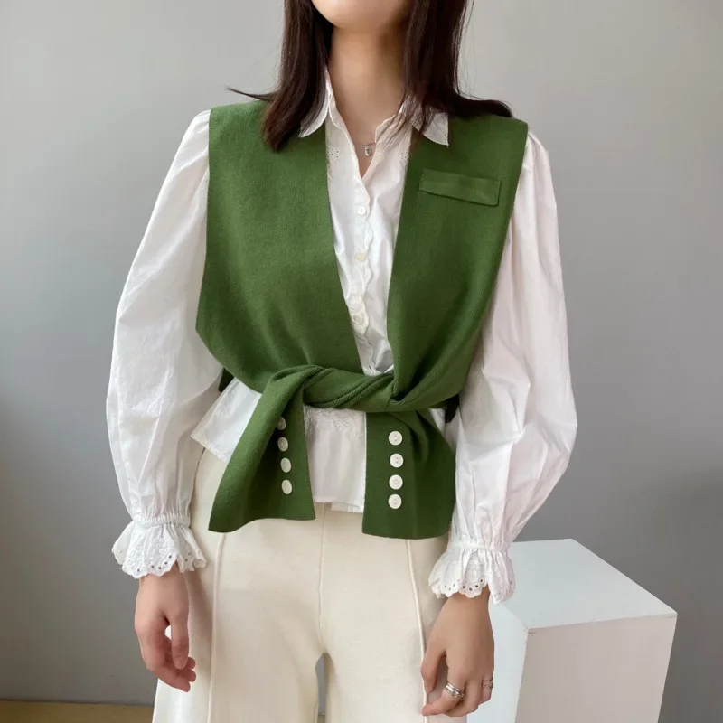 2024 Women New One-piece Green Profile Shawl Knitting Streetwear Fashionable Indie Sleeveless Solid Cardigan with Various Shapes