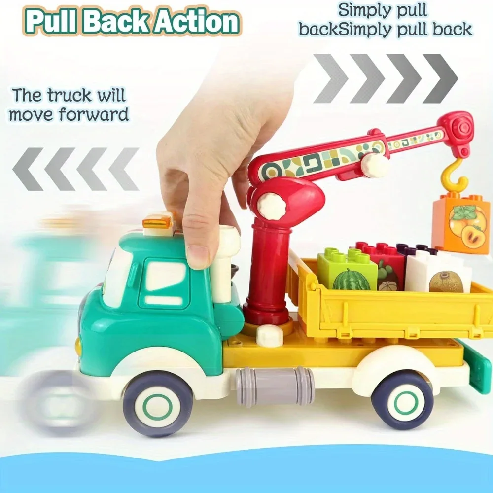 Vehicle Building Toy  with Road Sign Set,Fruit Transport Truck Building Blocks Toys with Sounds,Lights and Spray Effect for Kids
