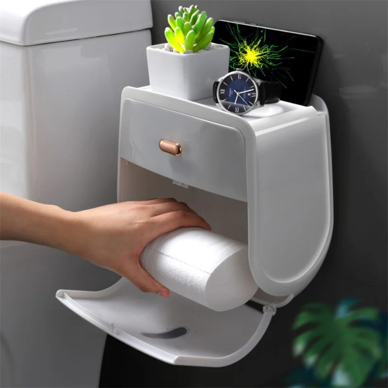 1pc Toilet Roll Paper Holder Double Layer Large Capacity Storage Box Wall Mounted Waterproof Tissue Box Bathroom Accessories