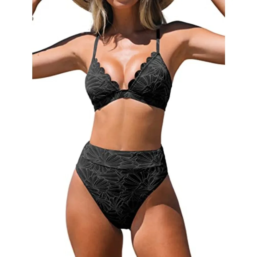 CUPSHE Bikini Set for Women Bathing Suit High Waisted Scalloped V Neck Two Pieces Swimsuit