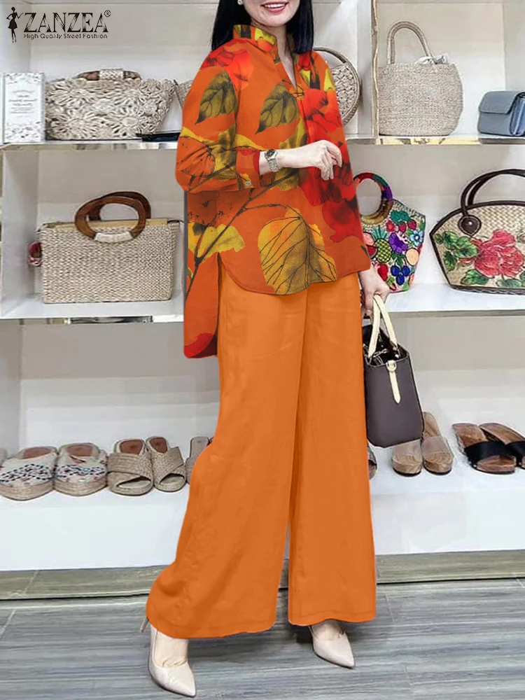 

ZANZEA Streetwear Loose Casual 2pcs Outfits Floral Print Top Wide Leg Trouser Women 2025 Spring Suits Trendy Holiday Pant Sets