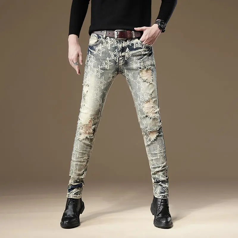 

Broken Torn Ripped Jeans for Men Print Trousers Stacked Regular 2025 Korean Autumn Denim Cotton Xs Man Cowboy Pants with Holes