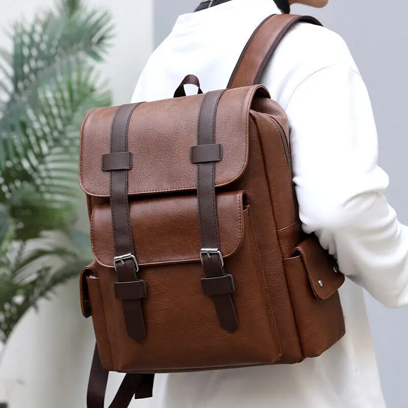 Classic Vintage Men Backpack PU Leather Business Travel Rucksack High Quality Multiple Pockets Water Resistant Casual Laptop Bag