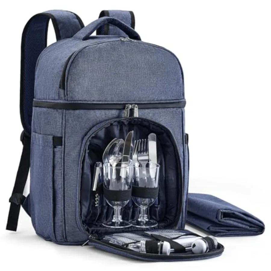 

Рюкзак для пикника и аксессуары: Термоизолированный набор для пикника на 2 человека с двумя отделениями, легкое одеяло и набор столовых приборов для отдыха на природе