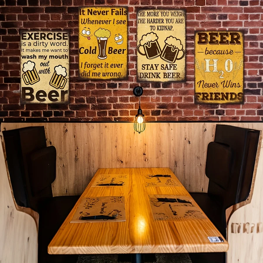 Decorative Sign & Plaque 4pcs Vintage Beer Bar Art Poster Metal Signs, 8X12 Inch, Humorous Pub Decor With Beer Mug Illustrations