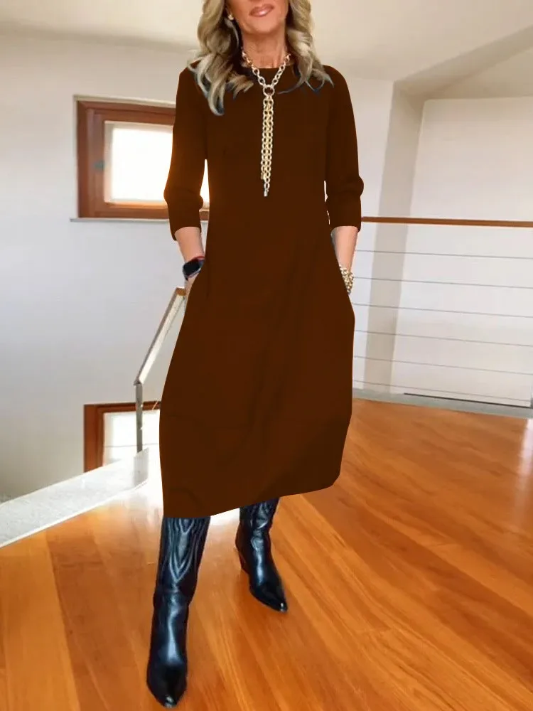 

Autumn Dress Vintage Temperament Casual Solid Color Long Sleeves Round Neck Dresses New Women's Commuting Streetwear Vestidos