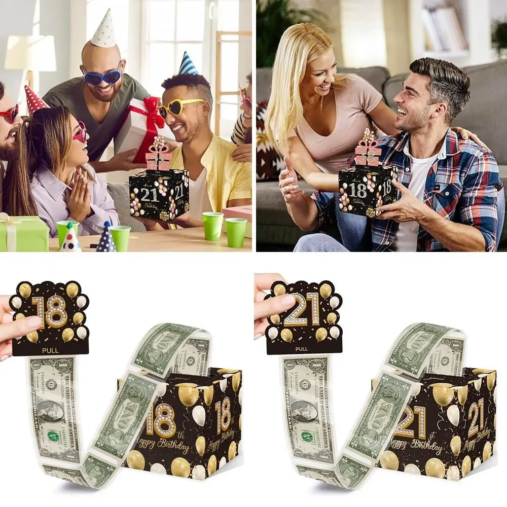 1set New Birthday Cash Pull Gift Box Money Pulling Box Cash Gift Box Cash Black Money Clip Funny Surprise Birthday Cake Decor