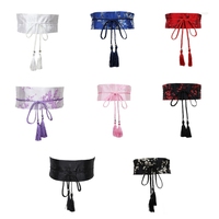 Chinese Han Dynasty Hanfu Clothing Waistband with Tassels Wide Tie Belt with Chinese Painting Flower Pattern