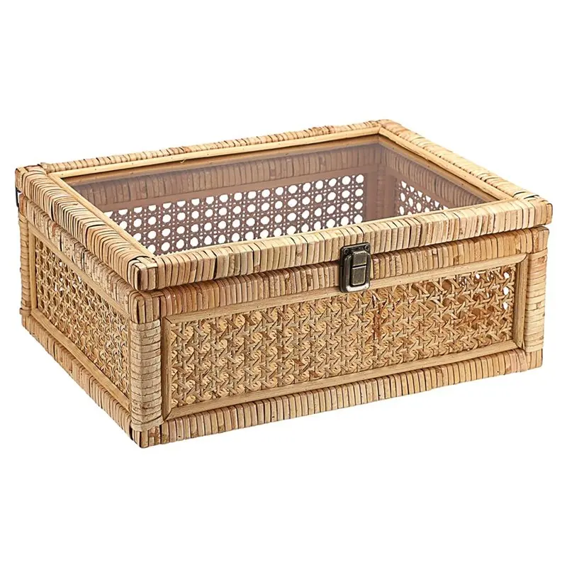 

L60A Metal Secure Latch Rattan Display Box With Clear Lid Rectangular Wicker Storage Basket Bin Handwoven Decorative Box