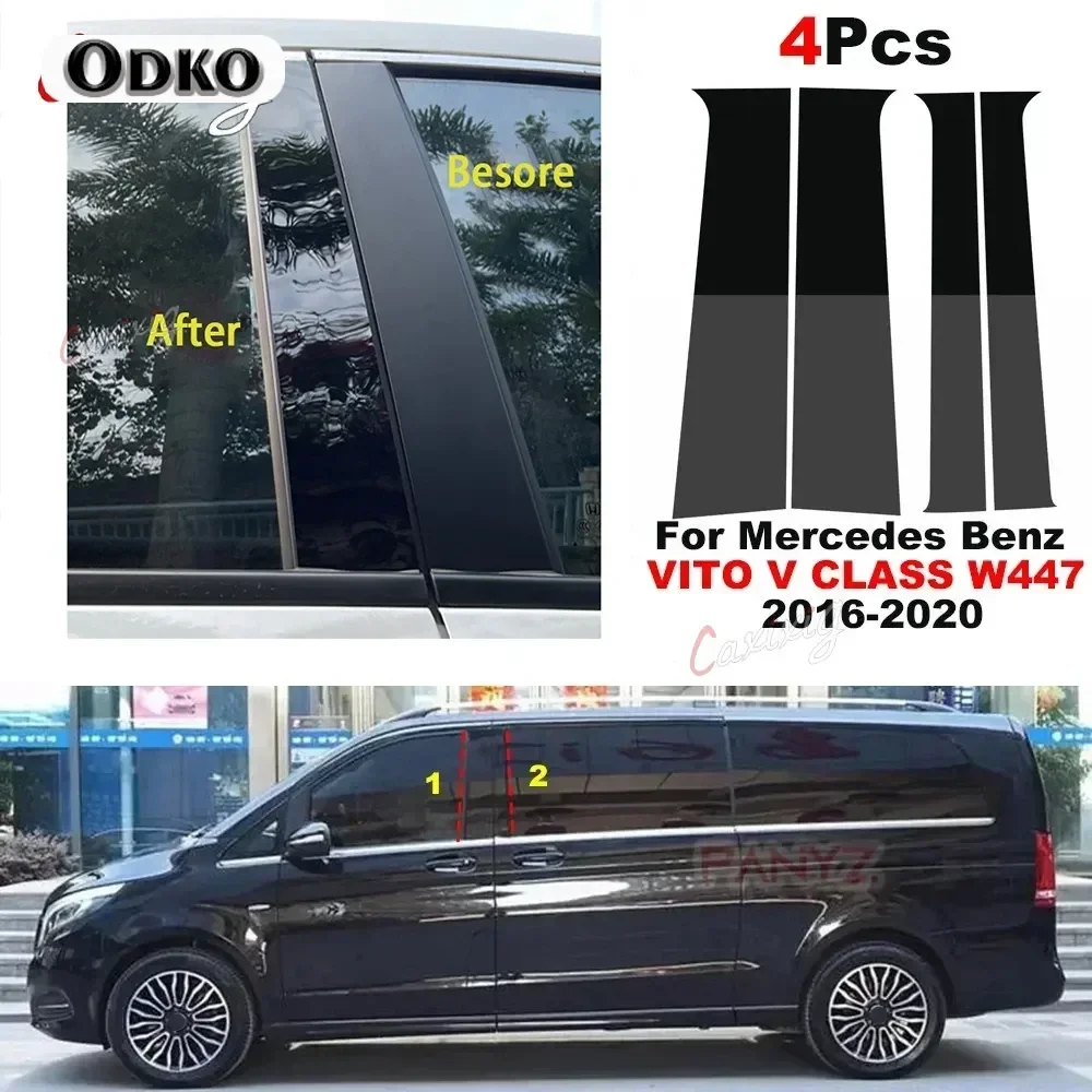 4Pcs Glossy Black Car Pillar Posts Door Window Trim Cover For Mercedes Benz VITO V CLASS W447 2016-2020 BC Column Sticker