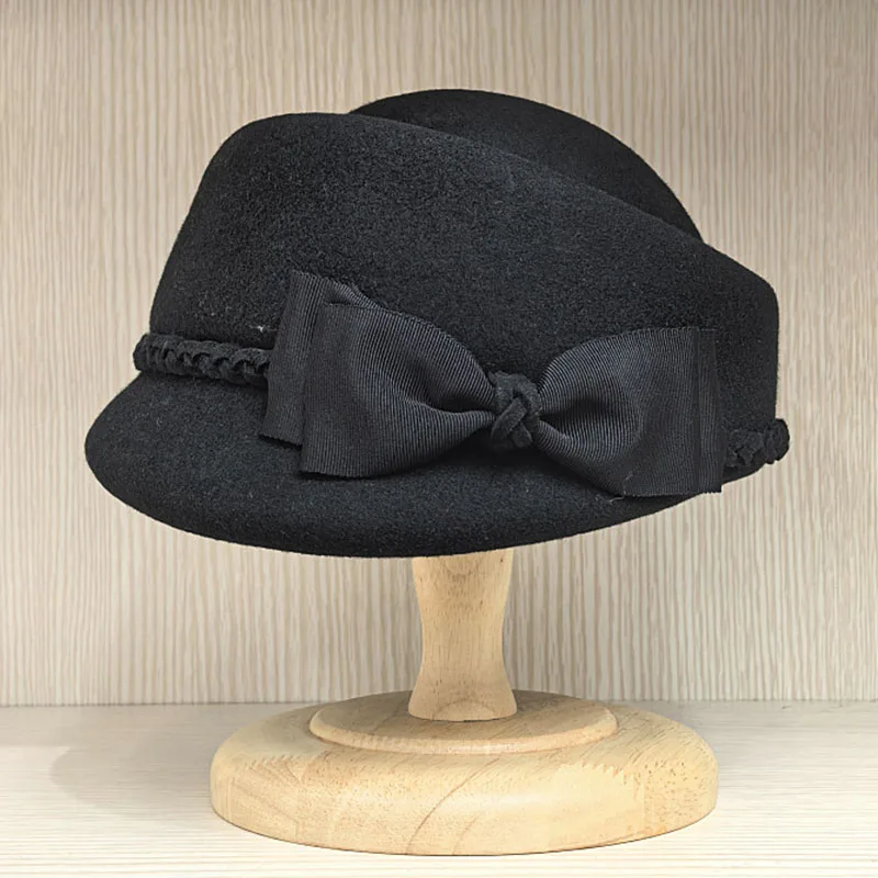 Elegant Wool Felt Berets Fedora Hats Women Winter Hat Pillbox Cap Ladies Bow Fascinator Hat Derby Wedding Ceremony Church Hat