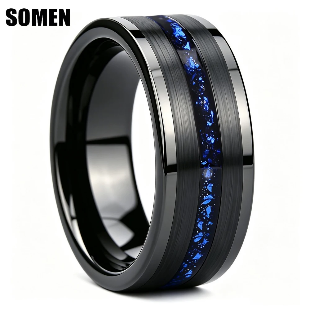 Somen 8mm Brushed Black Tungsten Ring For Men Blue Galaxy Foil Inlay Beveled Edge Wedding Band Engagement Rings Jewelry Gift