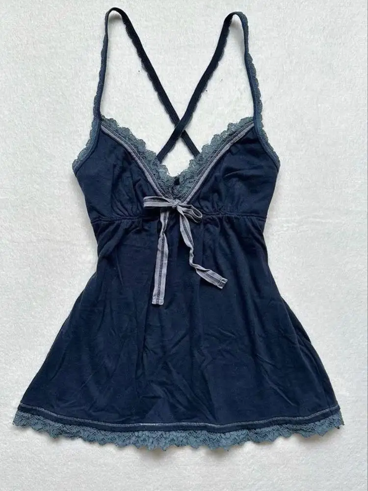 الأزرق الدانتيل تنحنح الديكور القوس الديكور الدانتيل Strappy أعلى الألفية مثير نحيلة Strappy أعلى المتناثرة الصيف الجمالية الرجعية #1