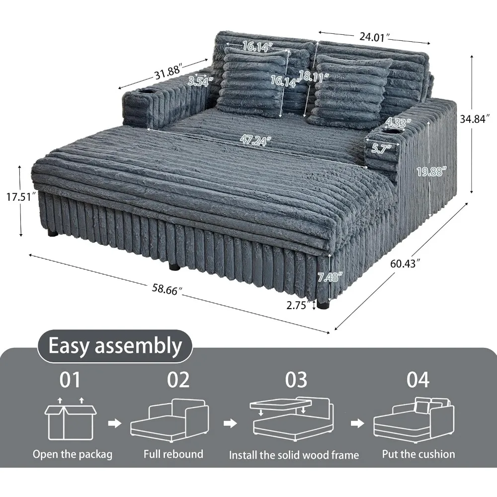 Oversized Chaise Lounge Chair Indoor with Cushion, Grey Fabric, 60.43 Inch