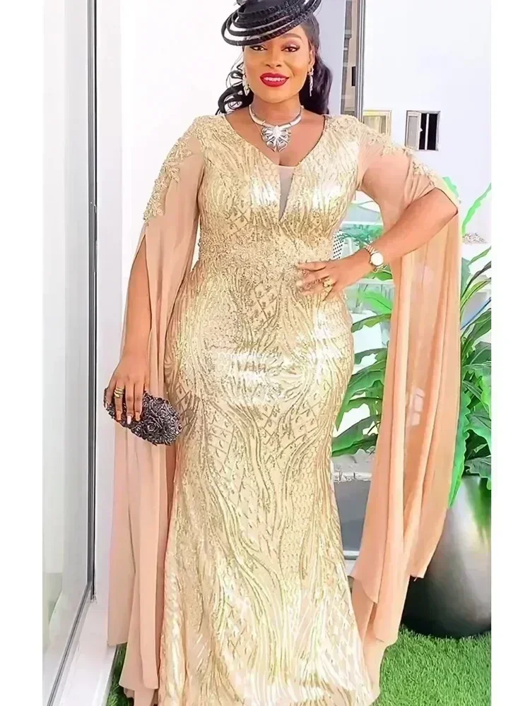 2025 Plus Size African Party Dresses for Women Dashiki Ankara Sequin Wedding Evening Gown Sexy Bodycon Maxi Christmas Dress