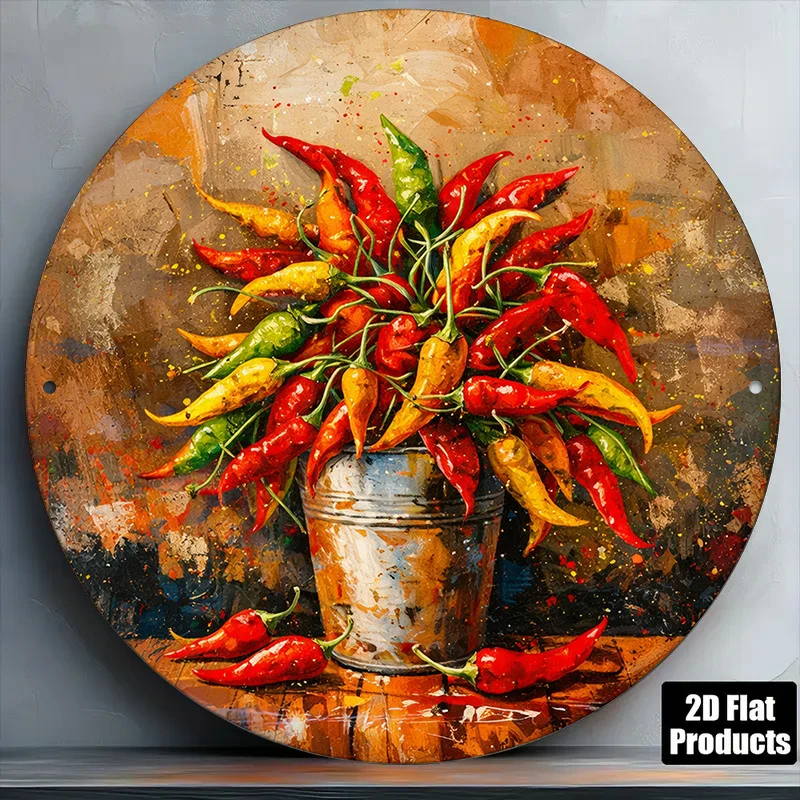 2D Flat, 1pc 8x8in/20x20cm 2D Flat Round Sign, Vintage Plaque Featuring a Bright Red Chili Pepper, Chili Pepper Barrel Decorativ