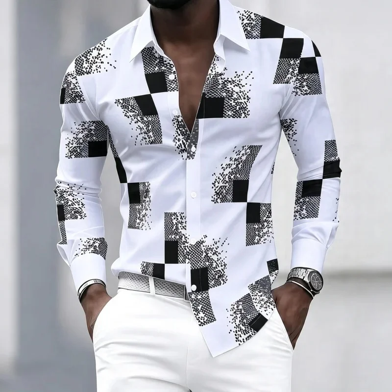 Men's black and white patchwork block fragment printed long sleeved shirt, men's slim fit trend lapel, business casual shirt