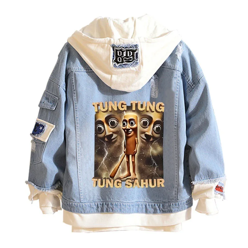 

Anime Tungtungsahur Abstract 2025 Denim Jacket Hooded Sweatshirt Unisex Cosplay Hoodie Long-Sleeved Denim Jacket Holiday Gift