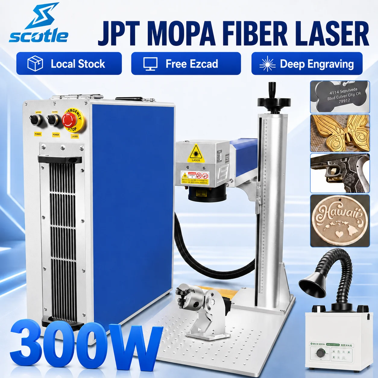 300W JPT Galvo Fiber Laser Marking Machine 60W 100W 200W 300W JPT MOPA M7 For Gold Silver Jewelry Metal Engraving Cutting with Smoke Purifier