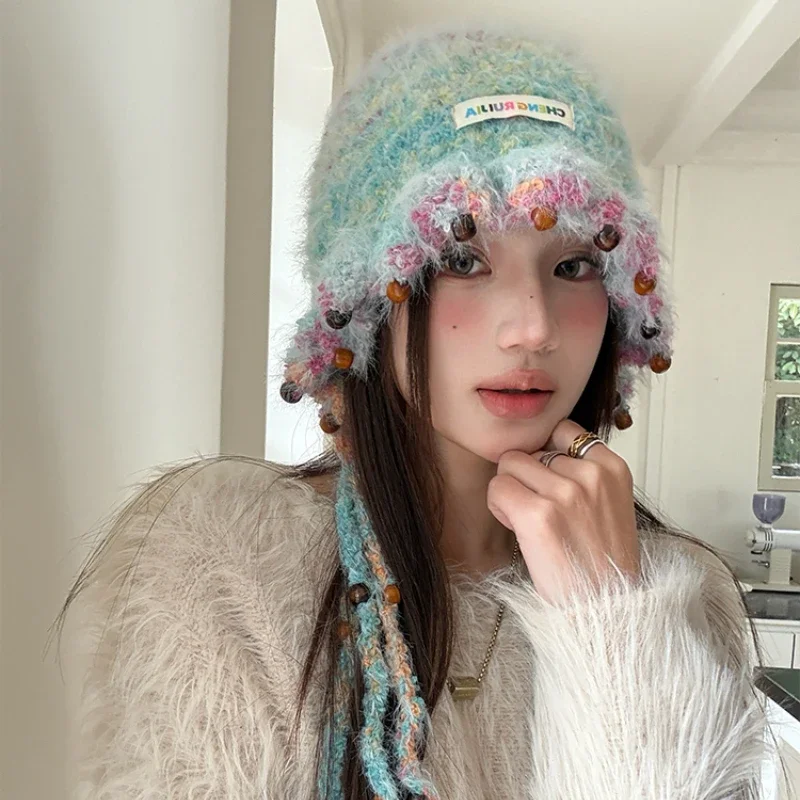 Dopamine Mixed Color Gradual Change Handmade Knitted Beanies Cap Y2K Winter Travel Versatile Fashion Warm Pullover Hats Women