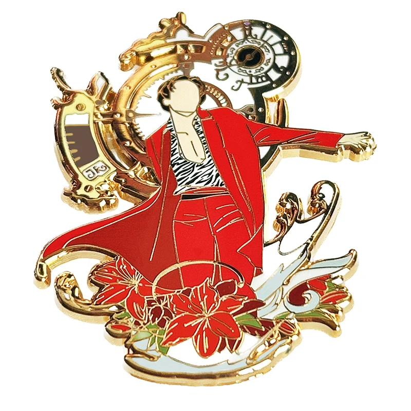 Customize A Handsome Man In a Red Suit Lapel Pin High Quality Gold Time Dial Red Lilies Hard Enamel Supplier Gold Metal Badge