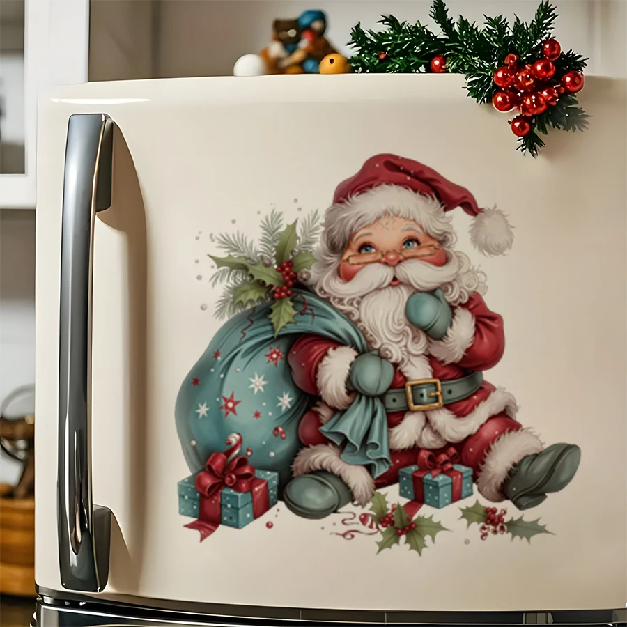 Christmas Wall Stickers - Santa With Blue Gift Sack Removable Self-Adhesive Decals For Bedroom Living Room Christmas Party Decor
