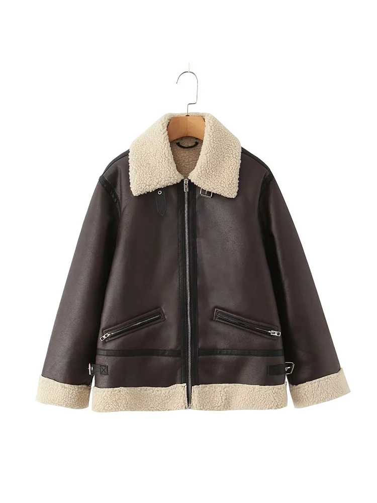 

European style new women's fashion versatile temperament lambswool lapel long-sleeved leather jacket