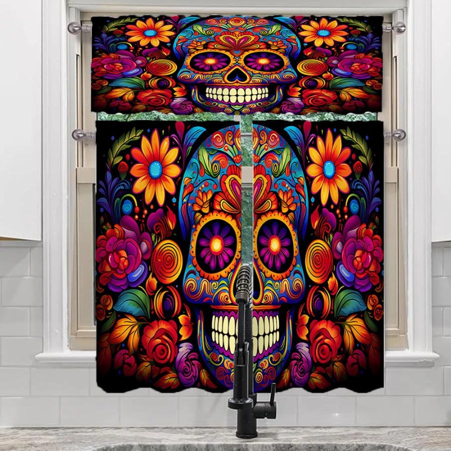 Colorful Sugar Skull Halloween Kitchen Curtains with Floral Pattern, Day of the Dead Mexican Gothic Spooky Style