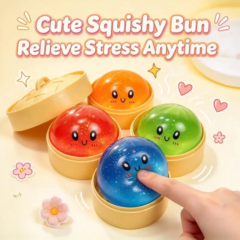 Glitter Dumpling Squishy with Box Dumplings Sensory Steamer Soft TPR Dough Ball for Decompression Fidget Toy Stress Relief Gift