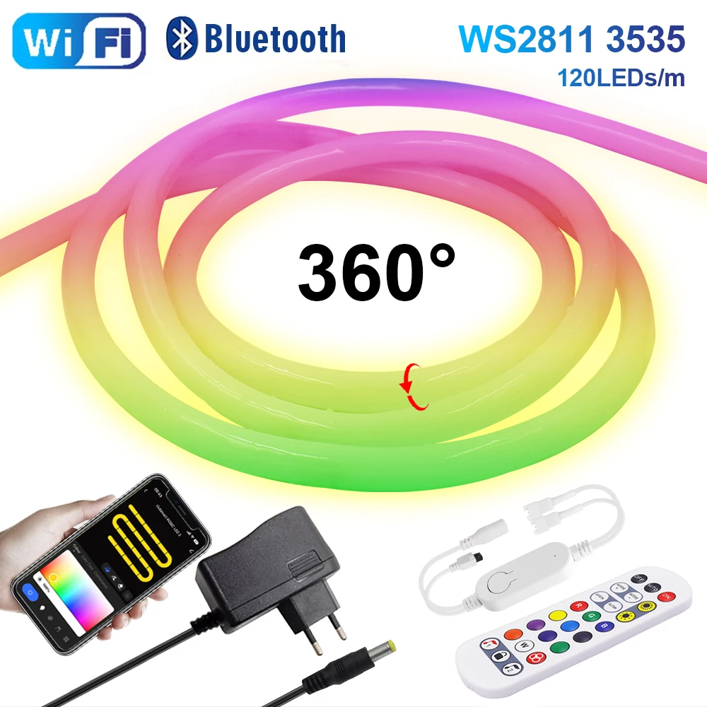 Çap 10mm Neon Şerit DC 24 V Su Geçirmez 360 Derece Yuvarlak Aydınlatma Tam Renkli WS2811 LED Şerit Tuya Wifi Bluetooth Kontrolü