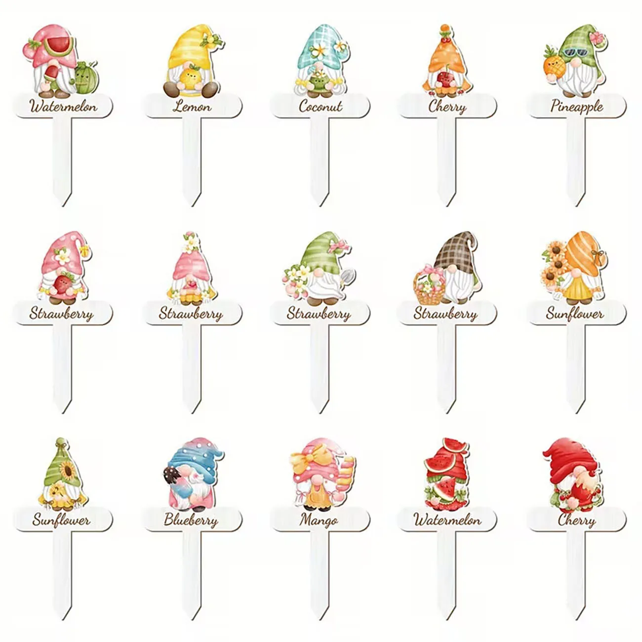15 Pcs Wooden Gnome Fruit Plant Markers Garden Stakes Tags for Flower Pot Planting Decoration