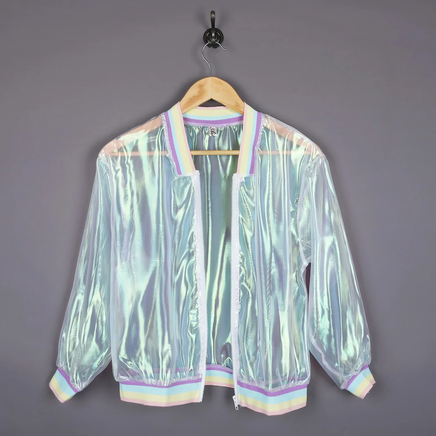 Women Jacket Iridescent Rainbow Color Organza Transparent Jacket Holographic Coat Laser-Sunscreen Baseball Lady Jackets Outwear