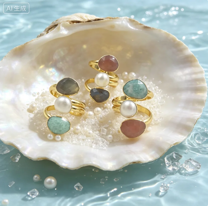 WT-R407 WKT Party Natural Stone Ring Oval Shape with Round Pearl Three Circle Women's Valentine's Day Gift Jewelry Finding