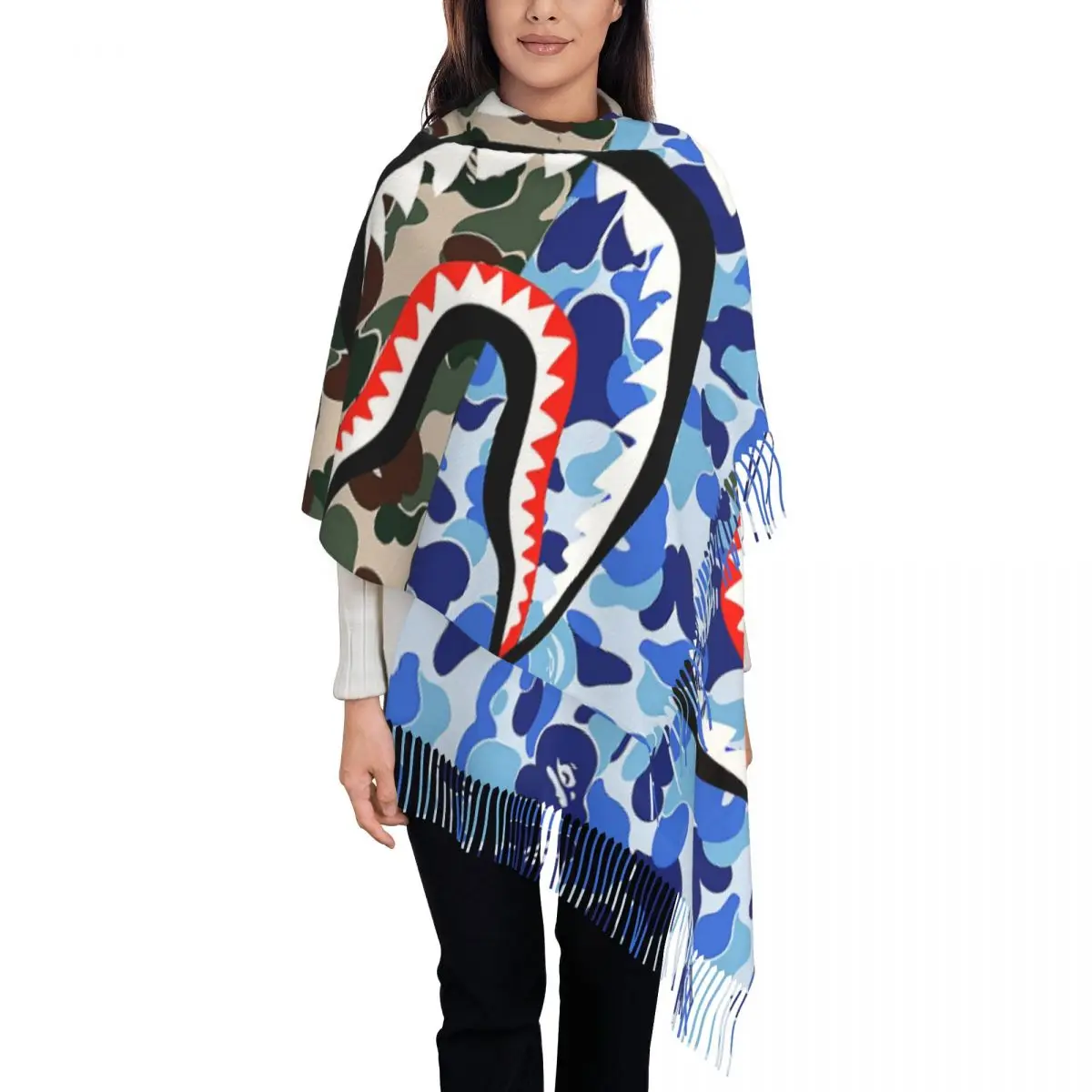 

Shark Teeth Camo Scarf Wrap Women Long Winter Fall Warm Tassel Shawl Unisex Camouflage Scarves